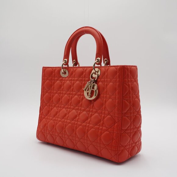 Pre-owned Dior Orange Cannage Lamb Lady Dior 2-Way Bag Large - Picture 2 of 6
